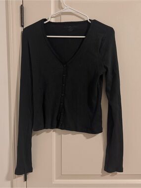 Brandy Melville Black Ribbed V-Neck Button-Front Top